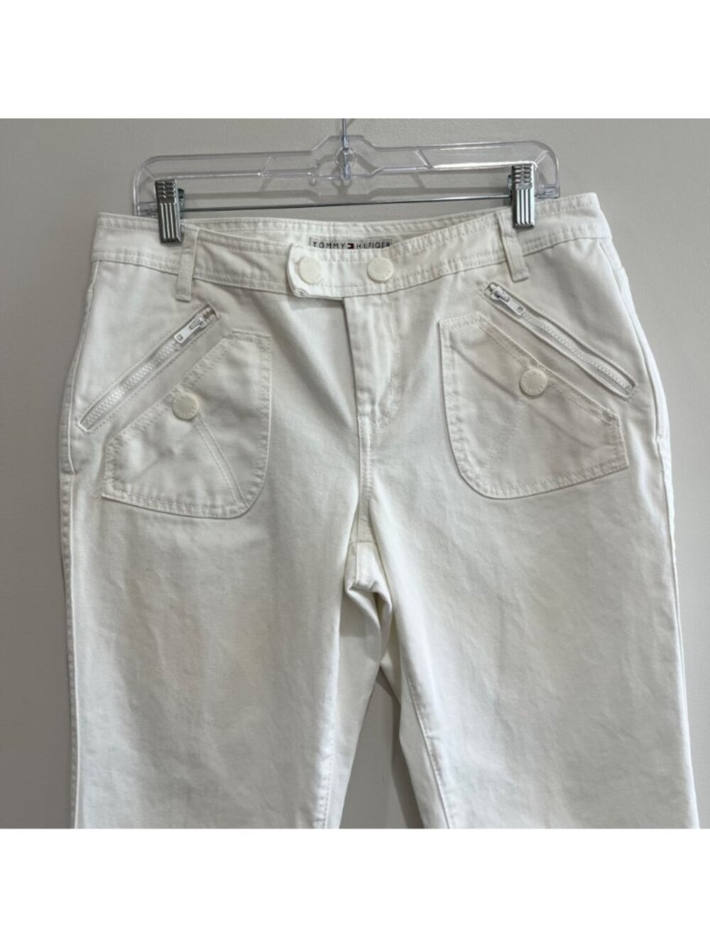 Tommy Hilfiger Flare Leg Cropped Pants Womens 12 White Canvas Pockets Y2J - Picture 3 of 10